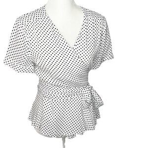 L'Academie black white polka dot faux wrap peplum blouse